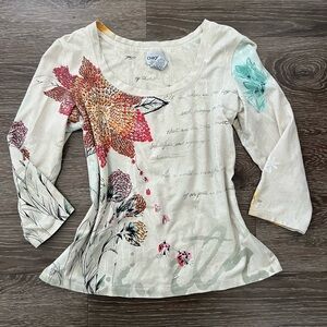 Chicos beaded vintage floral print long sleeve top size 0